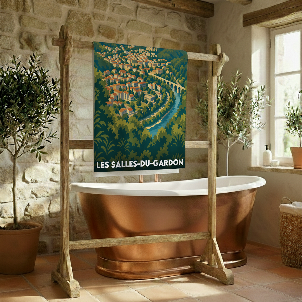 Serviette de bain souvenir de la ville de Les Salles-du-Gardon avec une illustration stylisée.