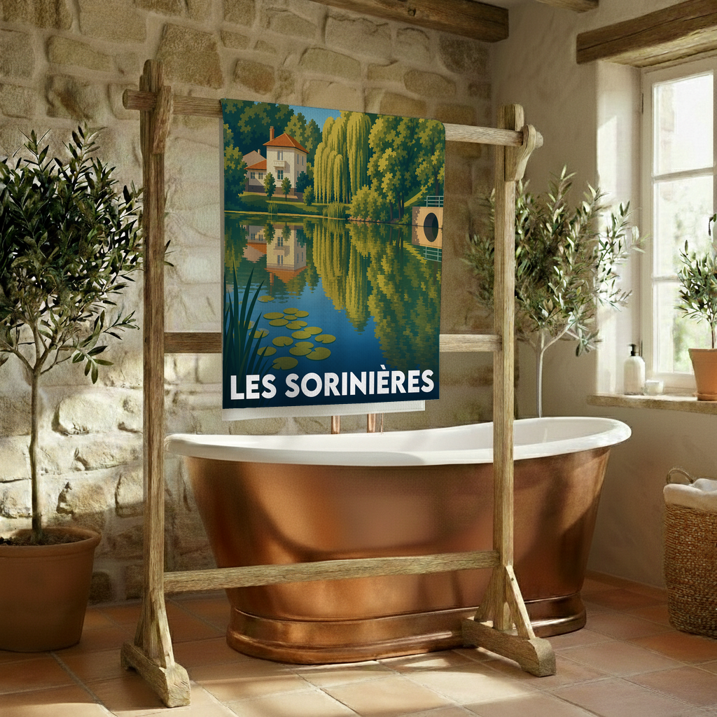 Serviette de bain souvenir de la ville de Les Sorinières illustrée d'un paysage lacustre stylisé.
