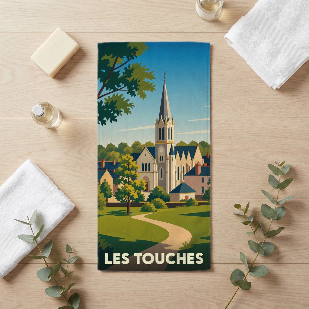 Serviette de bain souvenir de la ville de Les Touches illustrée d'un paysage de village stylisé.