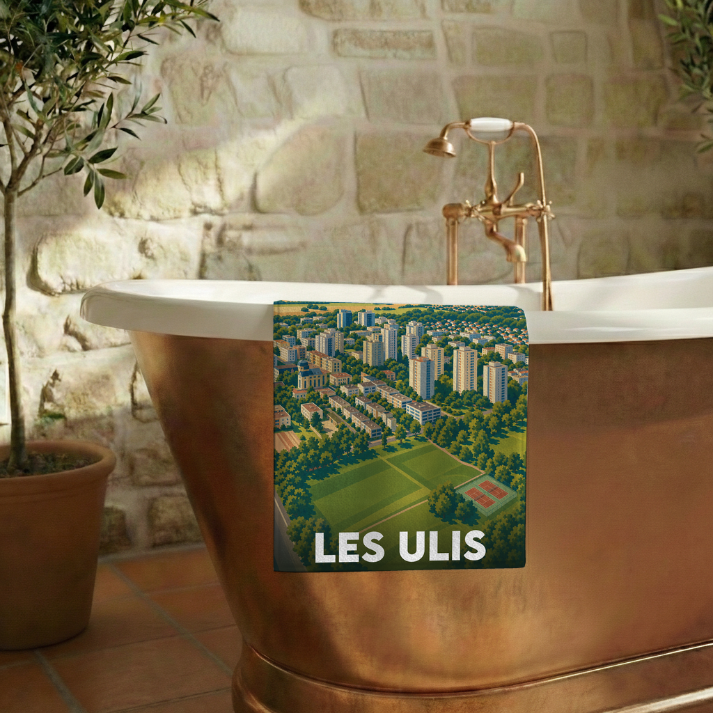 Serviette de bain souvenir de la ville de Les Ulis avec une illustration stylisée.