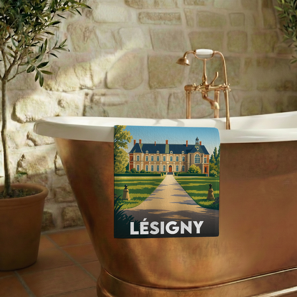 Serviette de bain souvenir de la ville de Lésigny avec une illustration stylisée de son château.