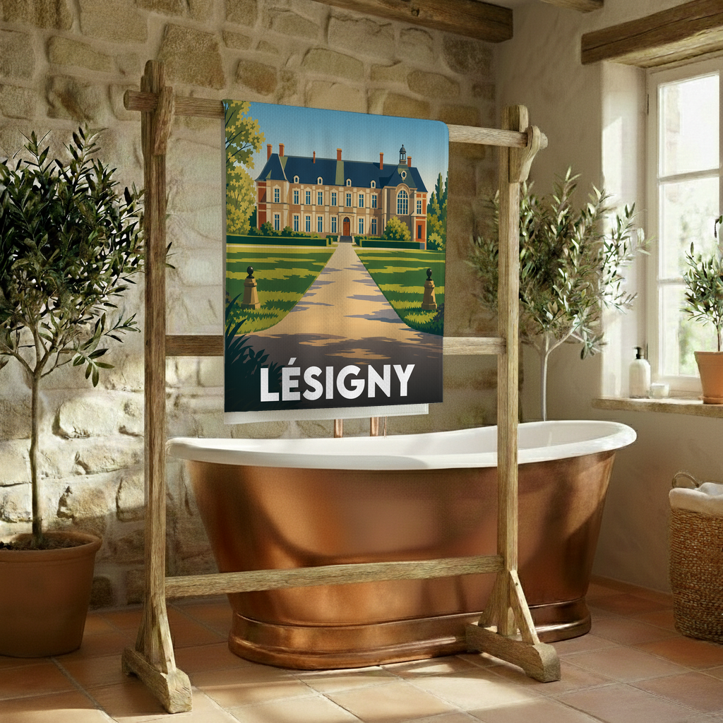 Serviette de bain souvenir de la ville de Lésigny avec une illustration stylisée d'un château.