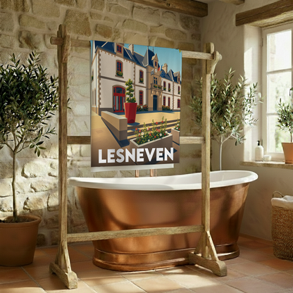 Serviette de bain souvenir de la ville de Lesneven avec une illustration stylisée.