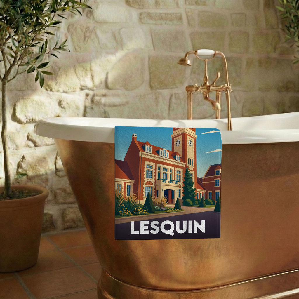 Serviette de bain souvenir de la ville de Lesquin avec une illustration stylisée.