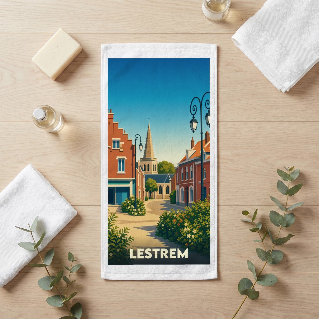 Serviette de bain souvenir de la ville de Lestrem avec une illustration stylisée.