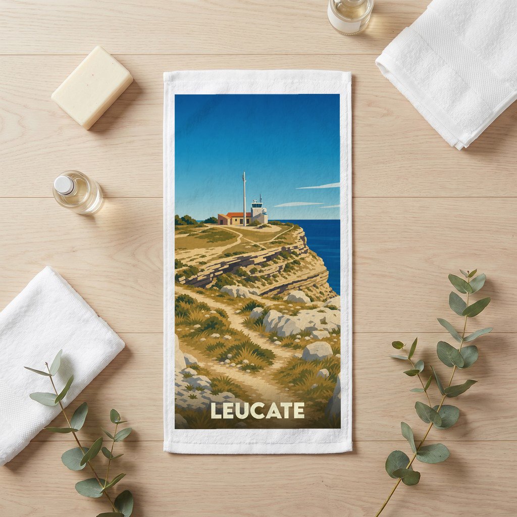 Serviette de bain souvenir de la ville de Leucate avec une illustration stylisée d'un phare sur une falaise.