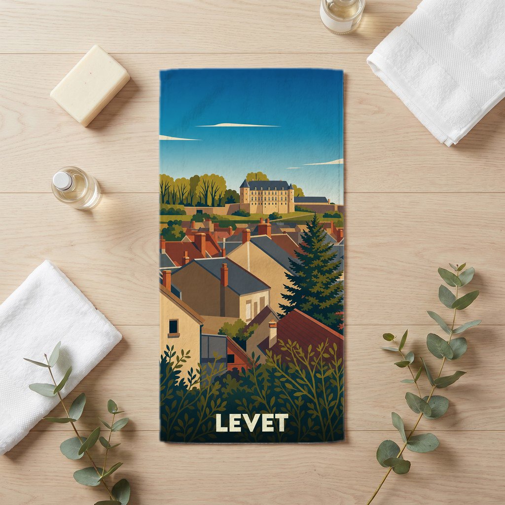 Serviette de bain souvenir de la ville de Levet avec une illustration stylisée d'un paysage urbain et d'un château.