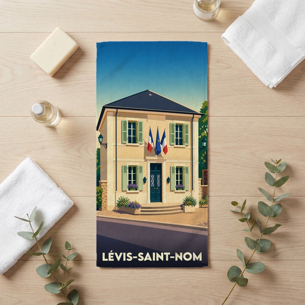 Serviette de bain souvenir de la ville de Lévis-Saint-Nom avec une illustration stylisée de sa mairie.