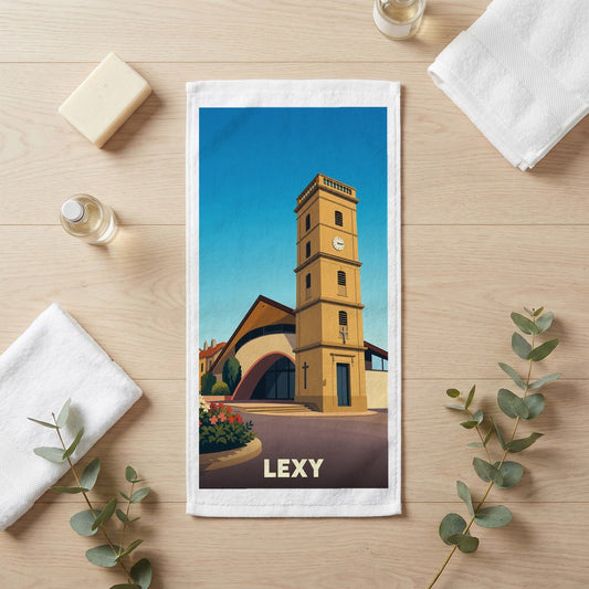 Serviette de bain souvenir de la ville de Lexy avec une illustration stylisée de son église.