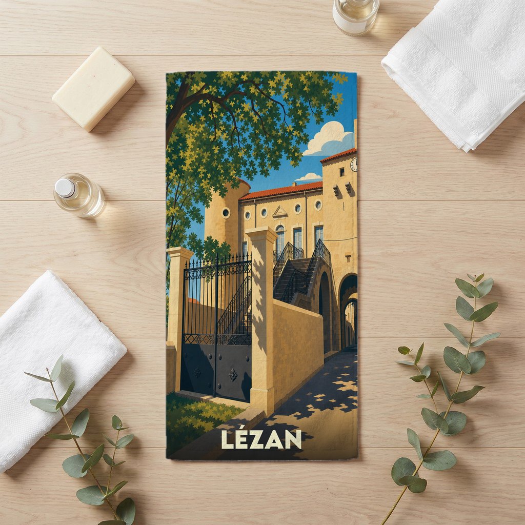 Serviette de bain souvenir de la ville de Lézan ornée d'une illustration stylisée de son château.