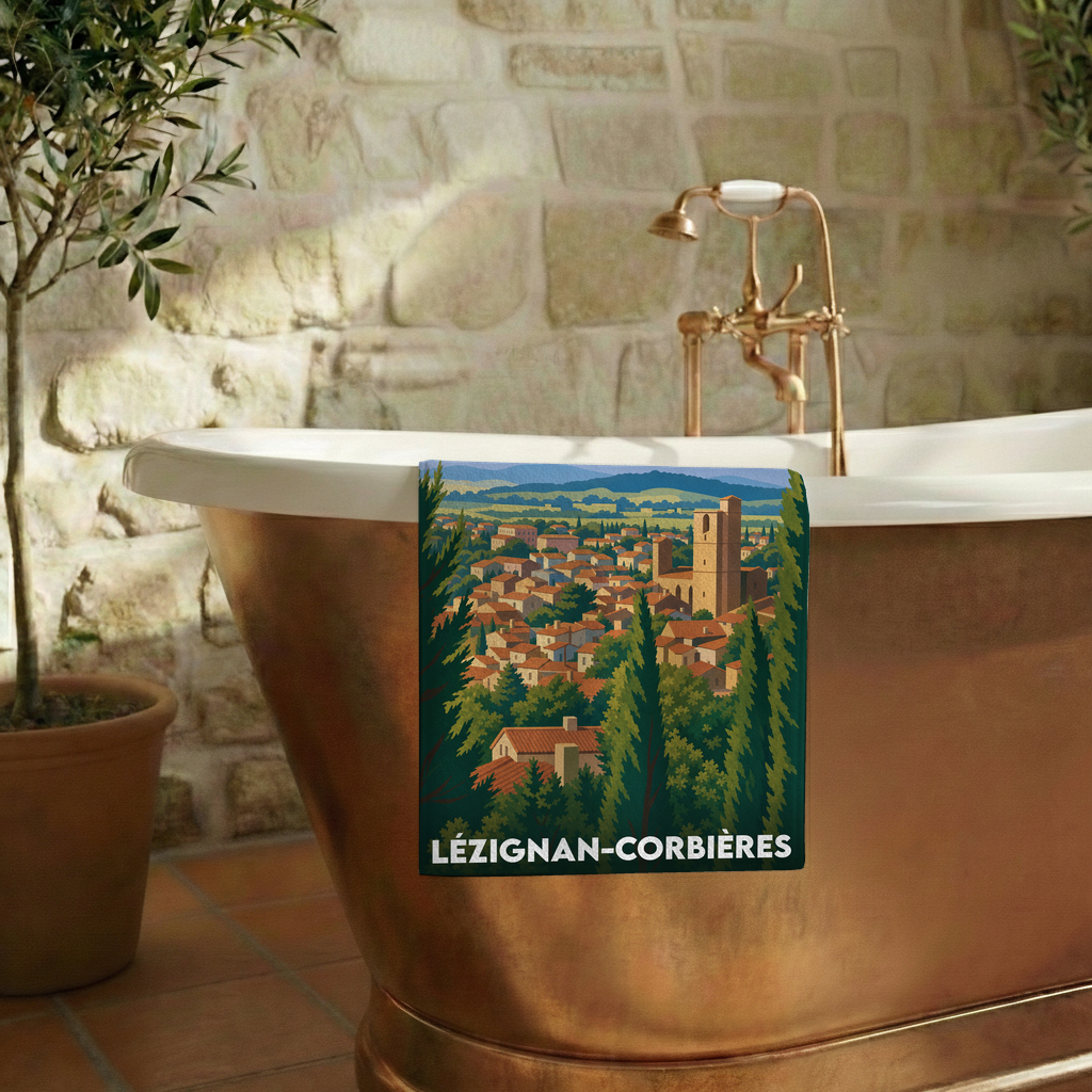 Serviette de bain souvenir de la ville de Lézignan-Corbières avec une illustration stylisée.