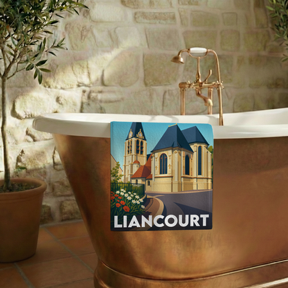 Serviette de bain souvenir de la ville de Liancourt avec une illustration stylisée de son église.