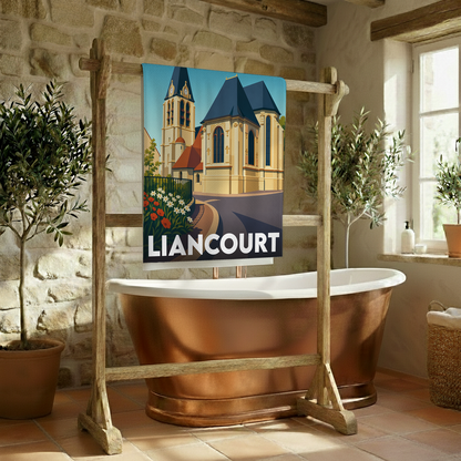 Serviette de bain souvenir de la ville de Liancourt avec une illustration stylisée de son église.