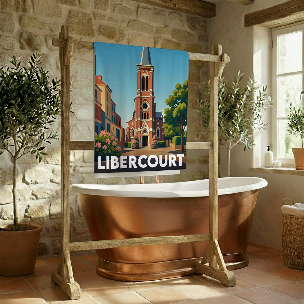 Serviette de bain souvenir de la ville de Libercourt avec une illustration stylisée de son église.