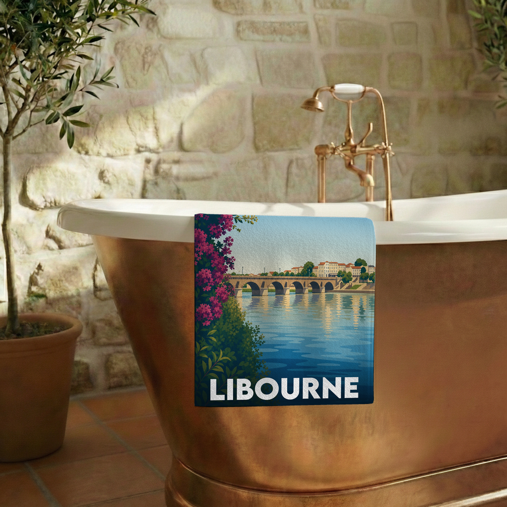 Serviette de bain souvenir de la ville de Libourne avec une illustration stylisée de son pont.