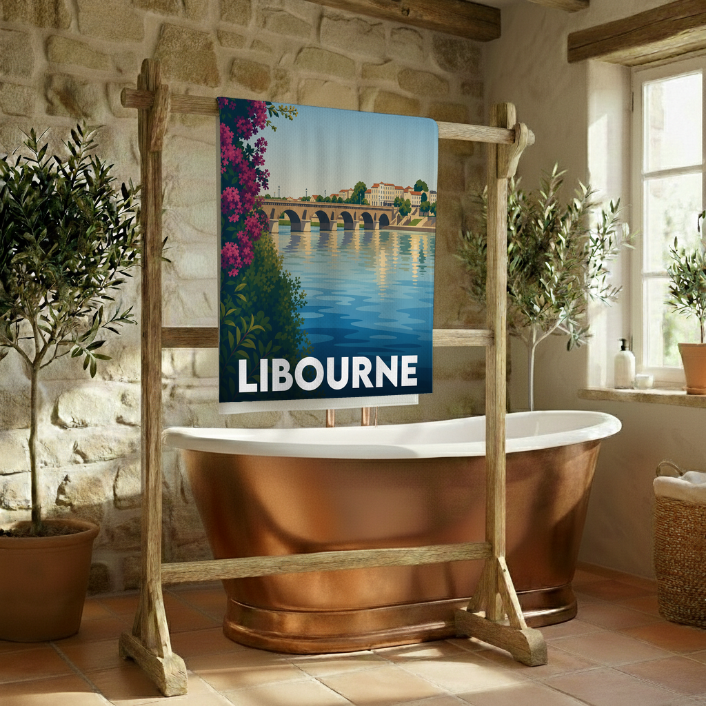 Serviette de bain souvenir de la ville de Libourne avec une illustration stylisée.
