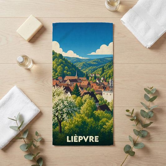 Serviette de bain souvenir de la ville de Lièpvre avec une illustration stylisée de son paysage.