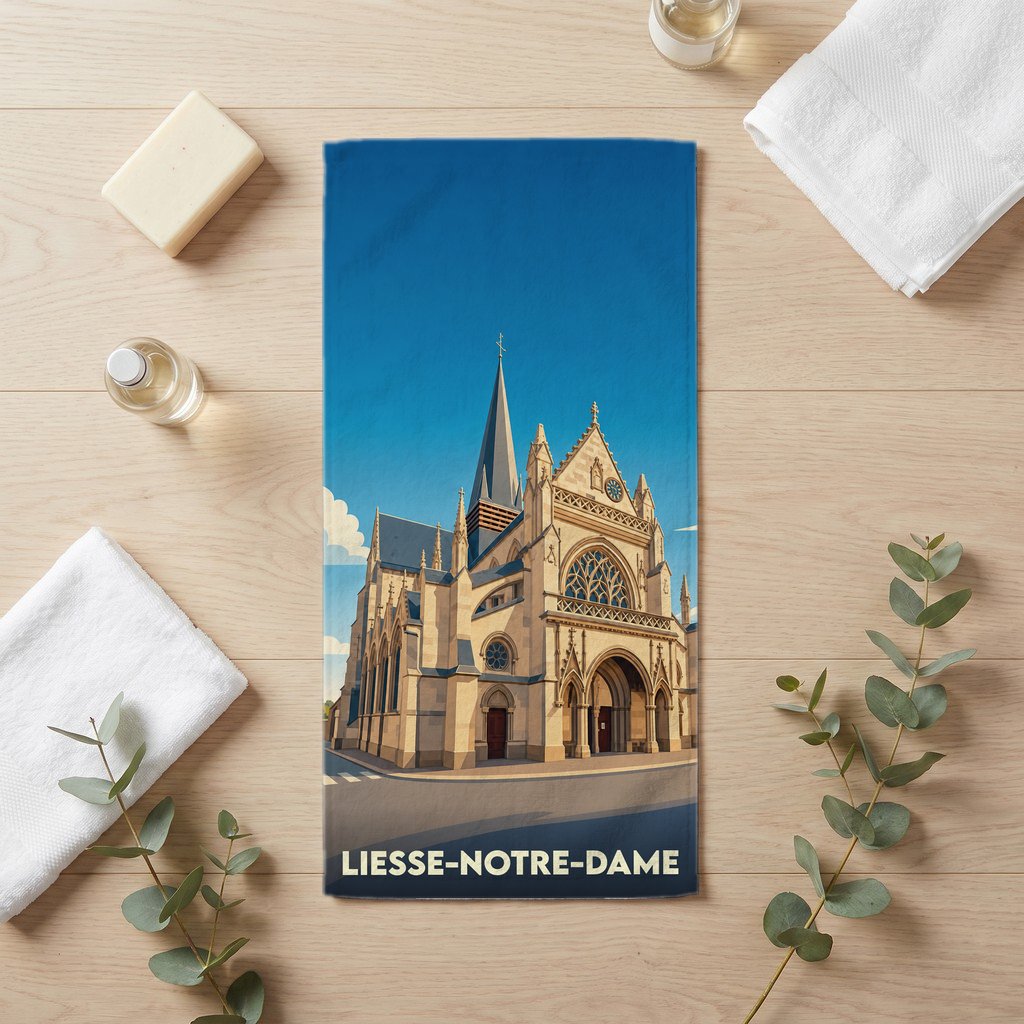 Serviette de bain souvenir de la ville de Liesse-Notre-Dame avec une illustration stylisée de sa basilique.