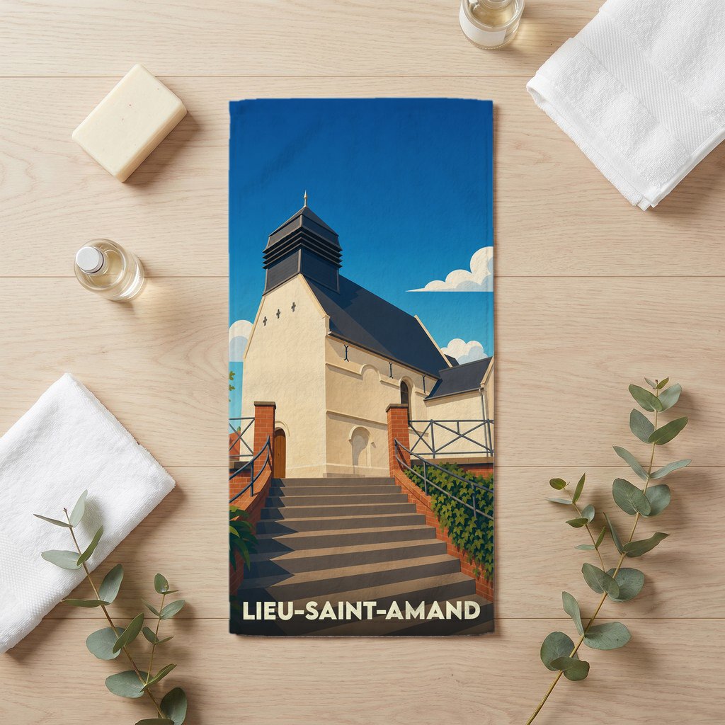 Serviette de bain souvenir de la ville de Lieu-Saint-Amand avec une illustration stylisée de son église.