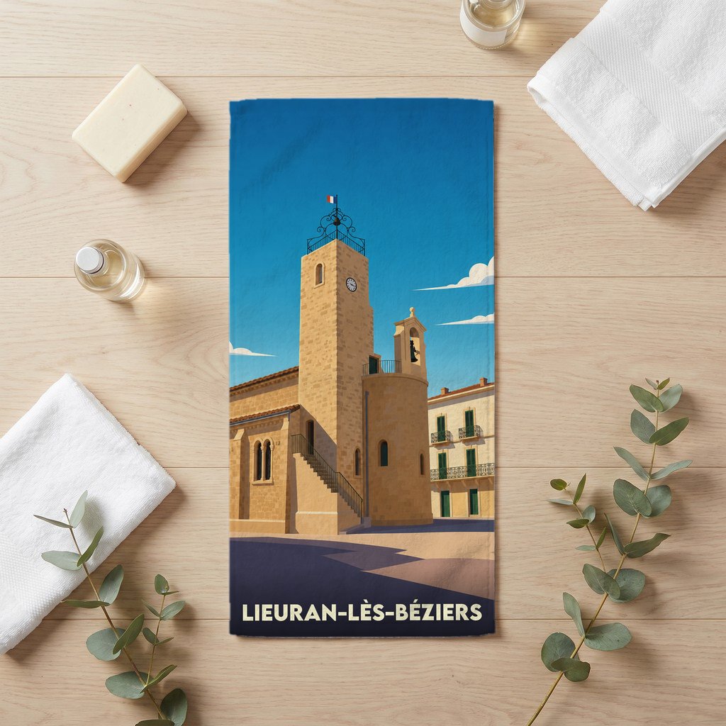 Serviette de bain souvenir de la ville de Lieuran-lès-Béziers avec une illustration stylisée de son église.