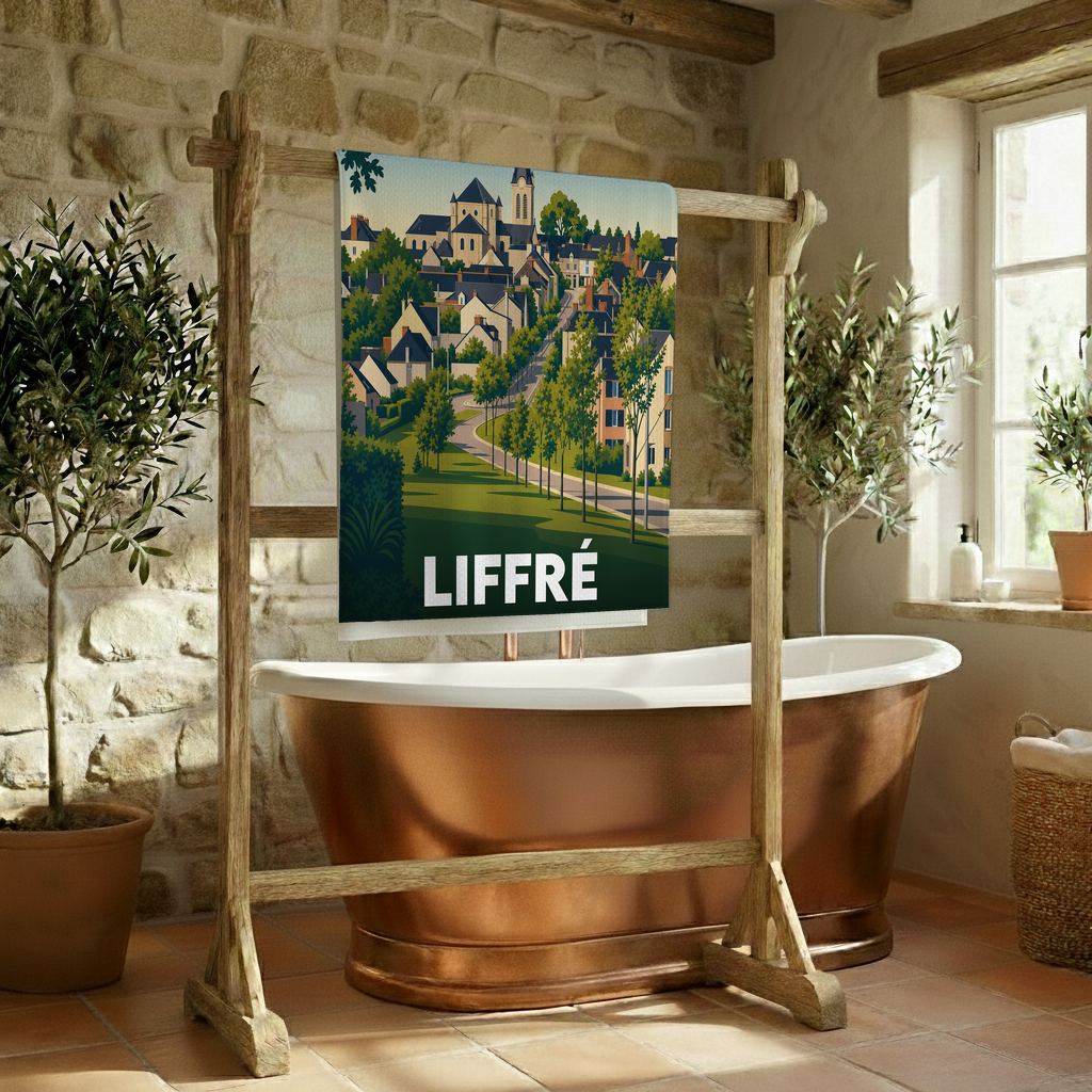 Serviette de bain souvenir de la ville de Liffré avec une illustration stylisée.