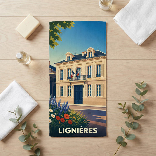 Serviette de bain souvenir de la ville de Lignières avec une illustration stylisée.