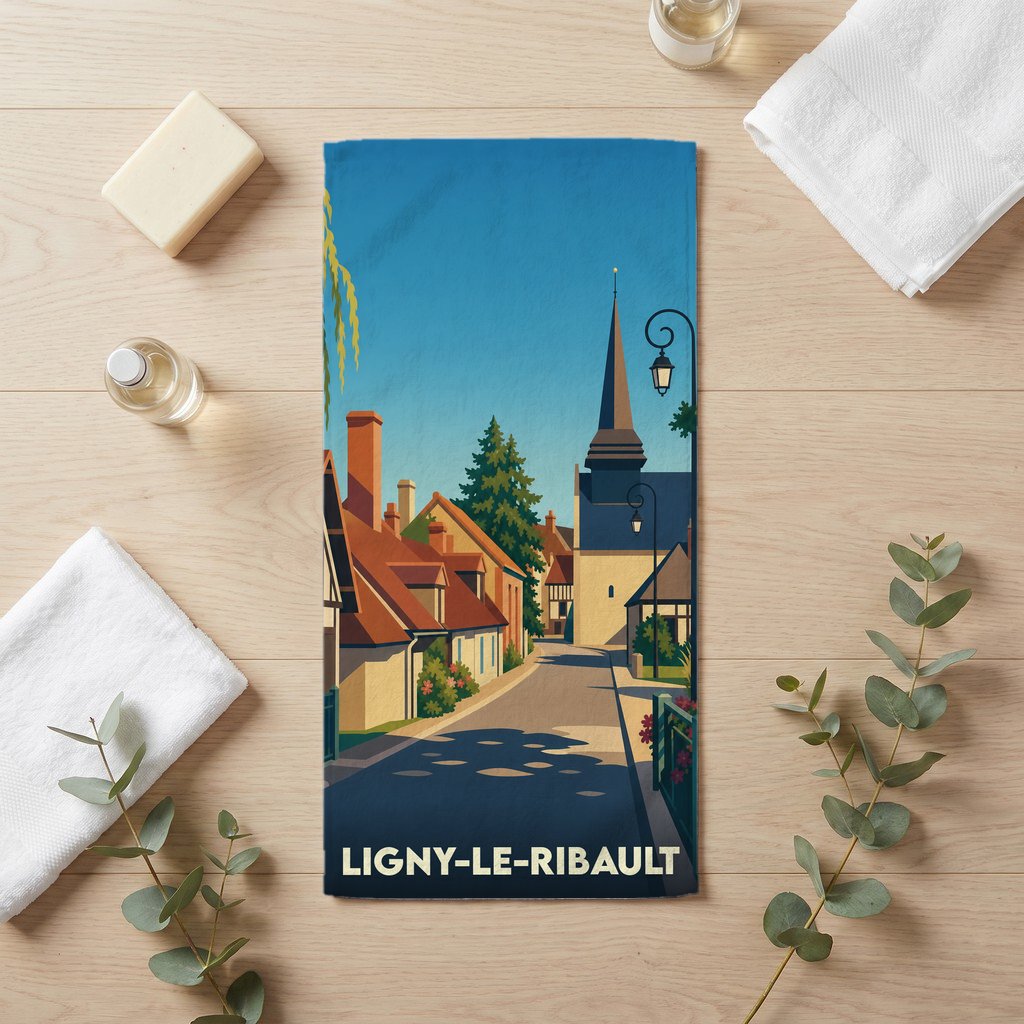 Serviette de bain souvenir de la ville de Ligny-le-Ribault avec une illustration de rue stylisée.