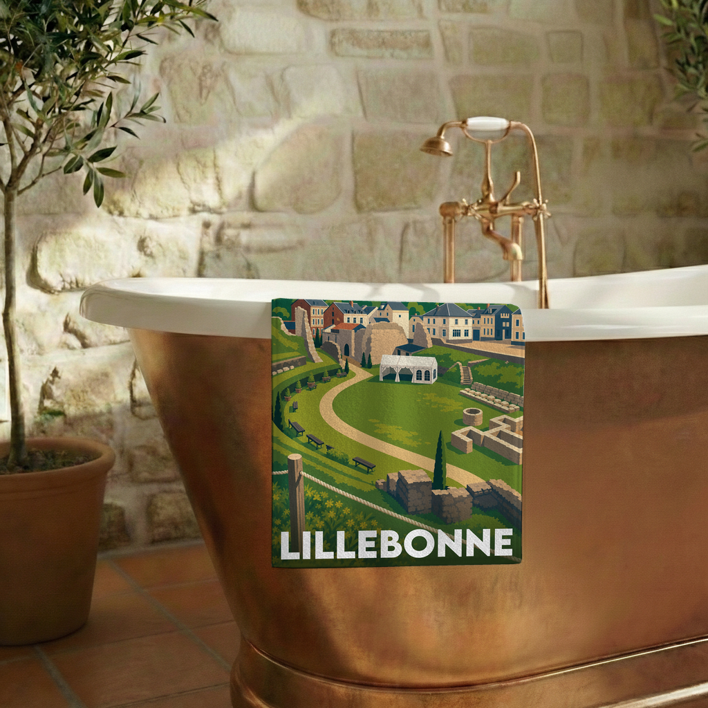 Serviette de bain souvenir de la ville de Lillebonne avec une illustration stylisée de son théâtre antique.