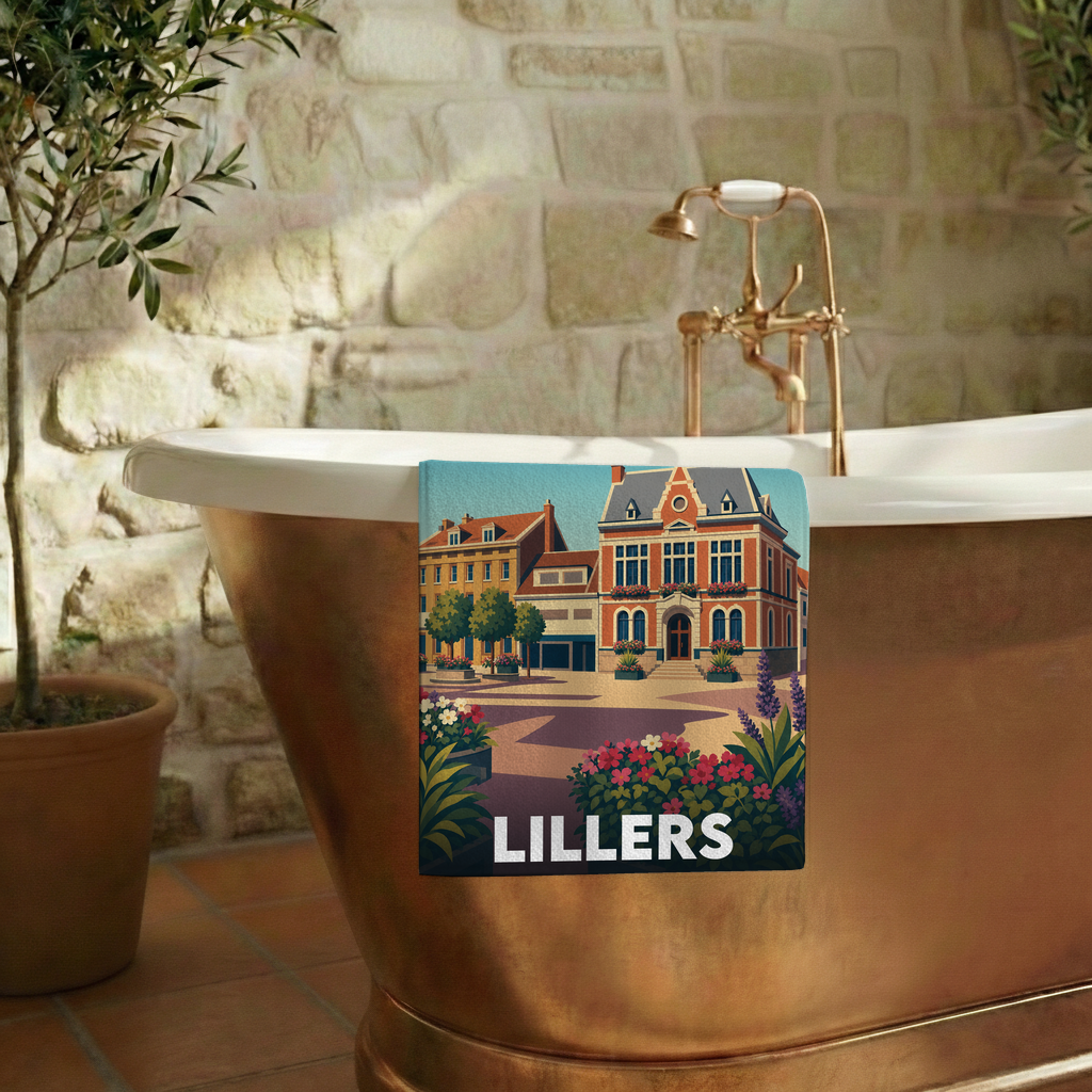 Serviette de bain souvenir de la ville de Lillers avec une illustration stylisée.