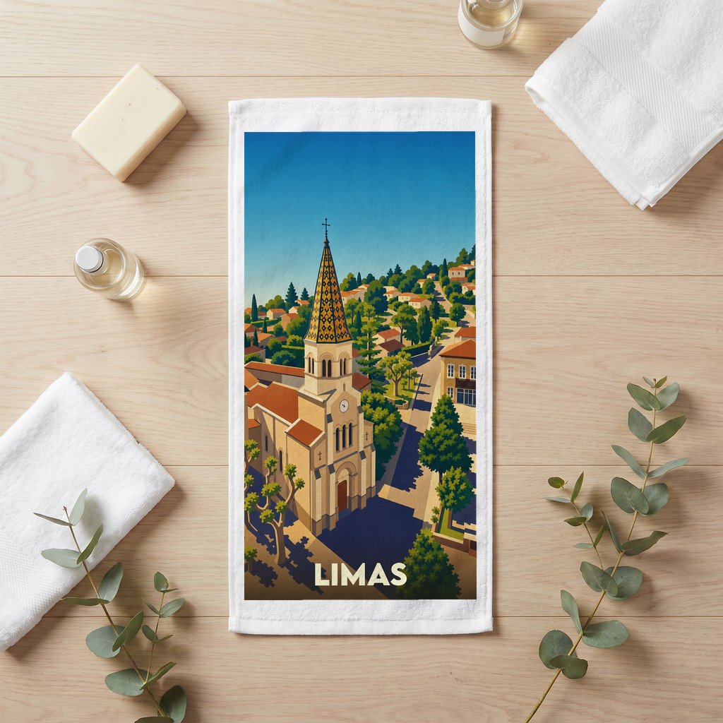 Serviette de bain souvenir de la ville de Limas avec une illustration stylisée de son église et de ses paysages.