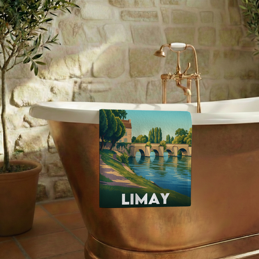 Serviette de bain souvenir de la ville de Limay avec une illustration stylisée de son pont.