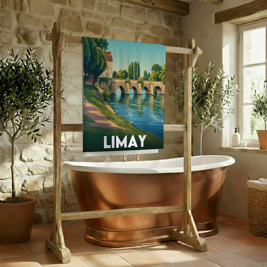 Serviette de bain souvenir de la ville de Limay avec une illustration stylisée d'un pont de pierre au bord de l'eau.