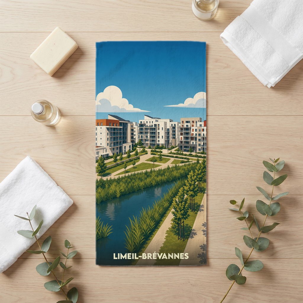 Serviette de bain souvenir de Limeil-Brévannes avec une illustration stylisée de la ville.
