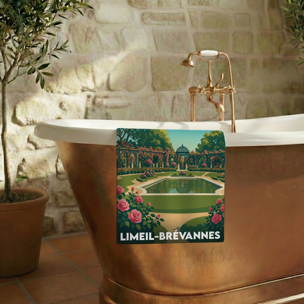 Serviette de bain souvenir de la ville de Limeil-Brévannes avec une illustration stylisée d'un jardin fleuri.