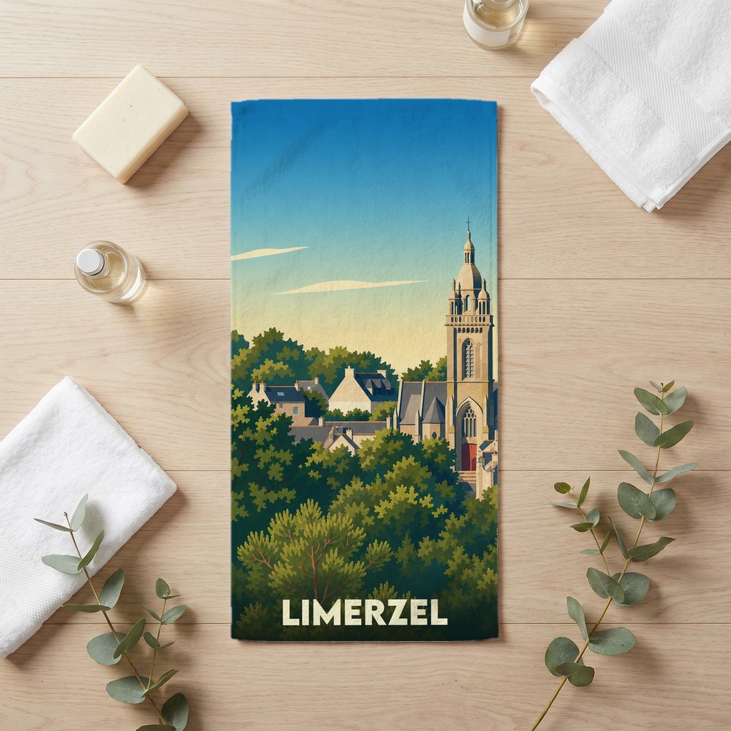 Serviette de bain souvenir de la ville de Limerzel avec une illustration stylisée de son église et de ses maisons.