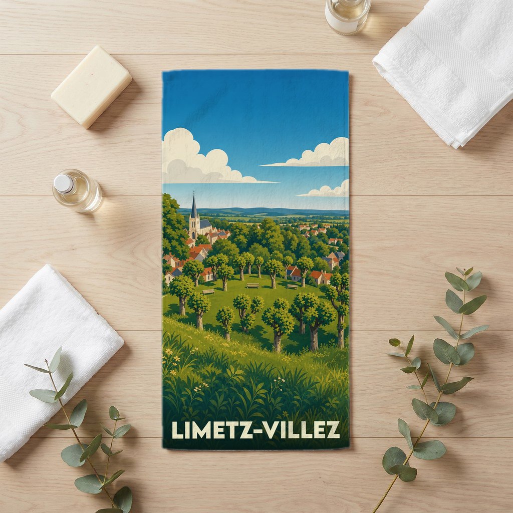 Serviette de bain souvenir de la ville de Limetz-Villez avec une illustration paysagère stylisée.