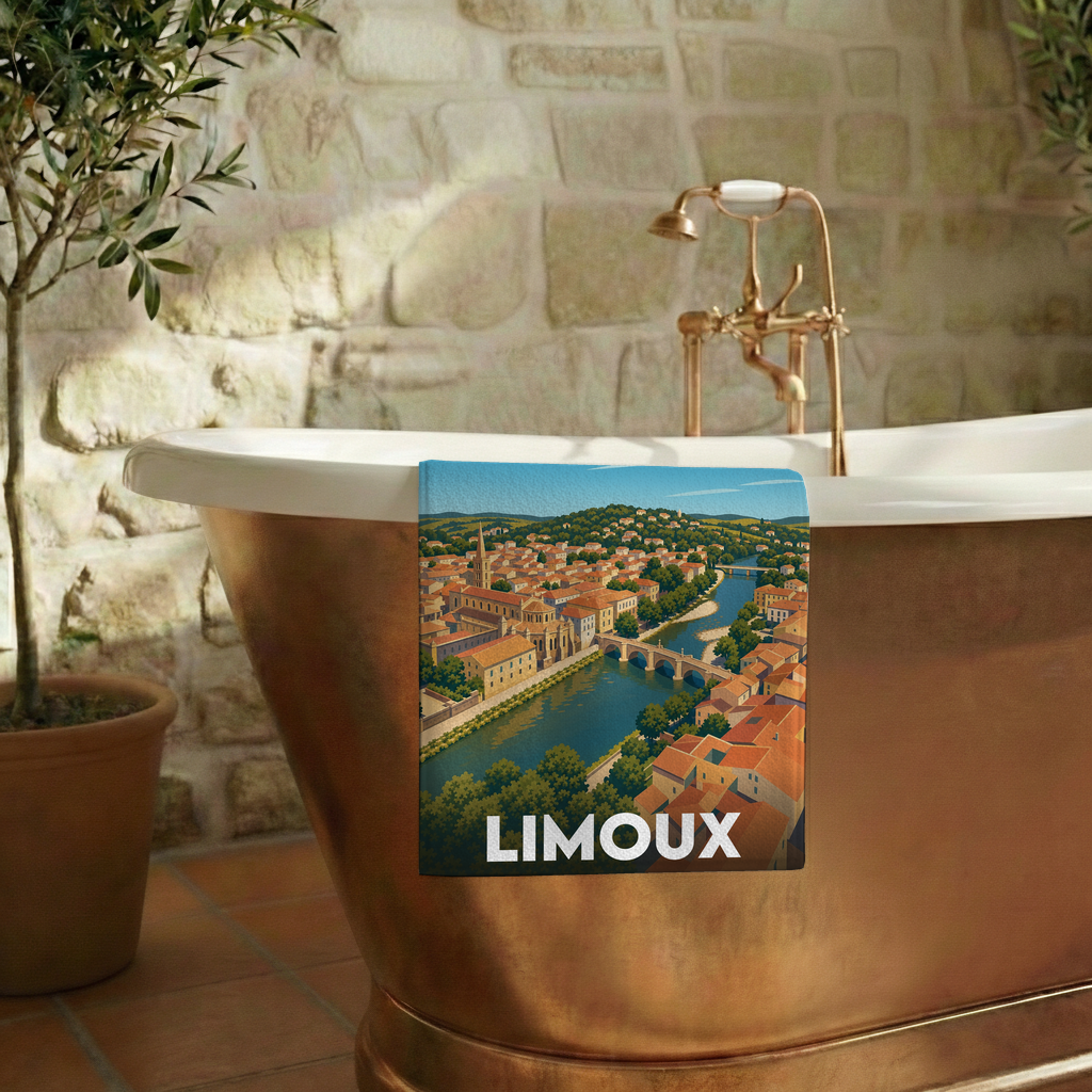 Serviette de bain souvenir de la ville de Limoux avec une illustration stylisée.