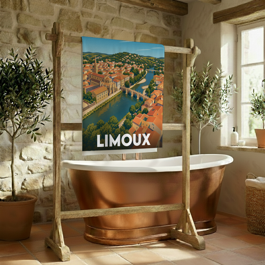 Serviette de bain souvenir de la ville de Limoux ornée d'une illustration stylisée de ses paysages.