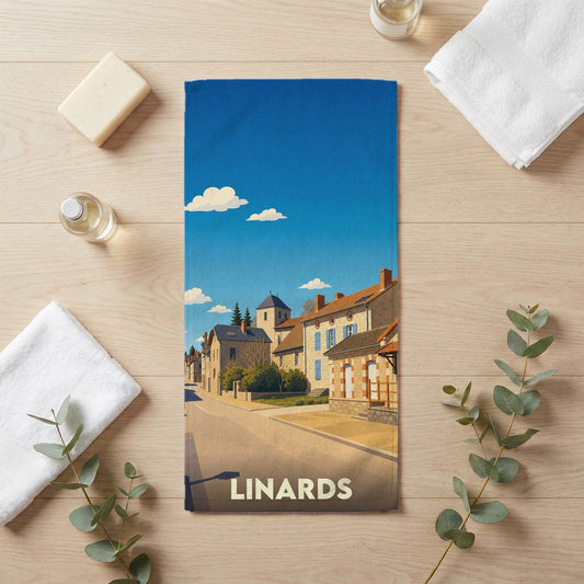 Serviette de bain souvenir de la ville de Linards avec une illustration stylisée.