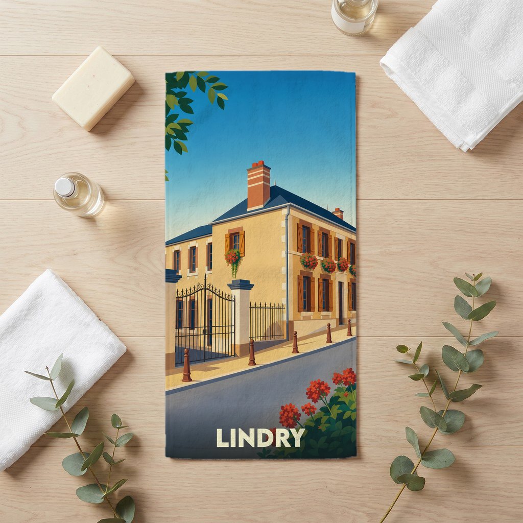 Serviette de bain souvenir de la ville de Lindry avec une illustration stylisée d'une maison de ville fleurie.