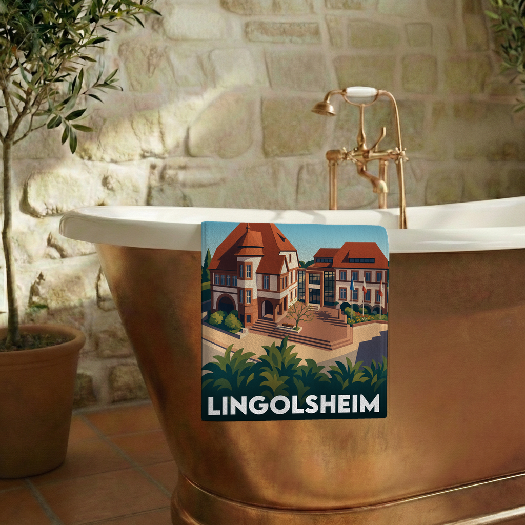 Serviette de bain souvenir de la ville de Lingolsheim avec une illustration stylisée de son architecture.