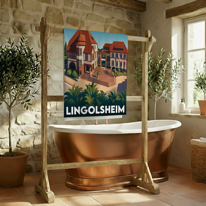 Serviette de bain souvenir de la ville de Lingolsheim avec une illustration stylisée.