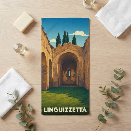 Serviette de bain souvenir de la ville de Linguizzetta avec une illustration stylisée de ruines historiques.