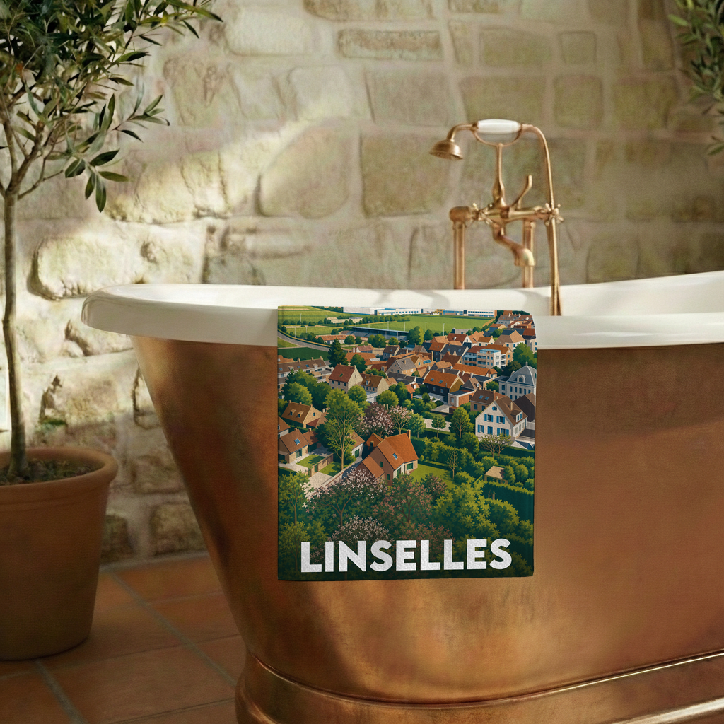Serviette de bain souvenir de la ville de Linselles avec une illustration stylisée.