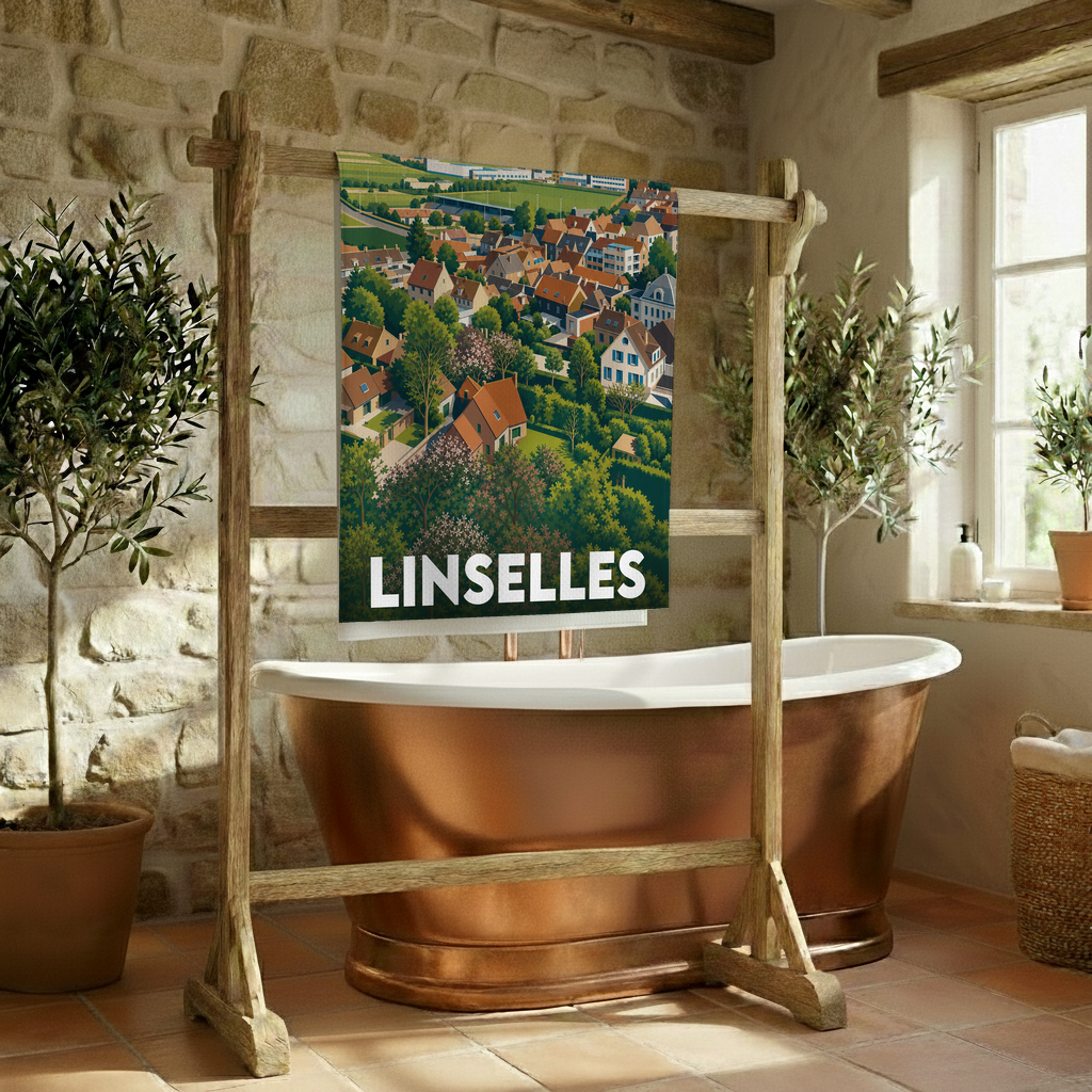 Serviette de bain souvenir de la ville de Linselles avec une illustration panoramique stylisée.