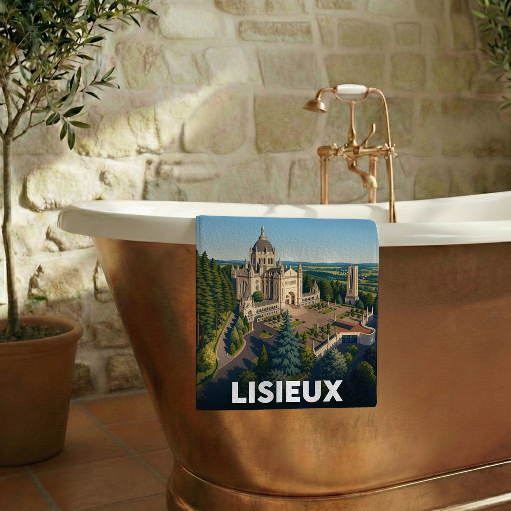 Serviette de bain souvenir de la ville de Lisieux avec une illustration stylisée de la basilique.