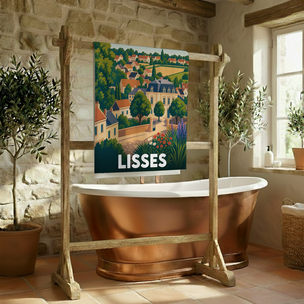 Serviette de bain souvenir de la ville de Lisses avec une illustration de paysage urbain coloré.