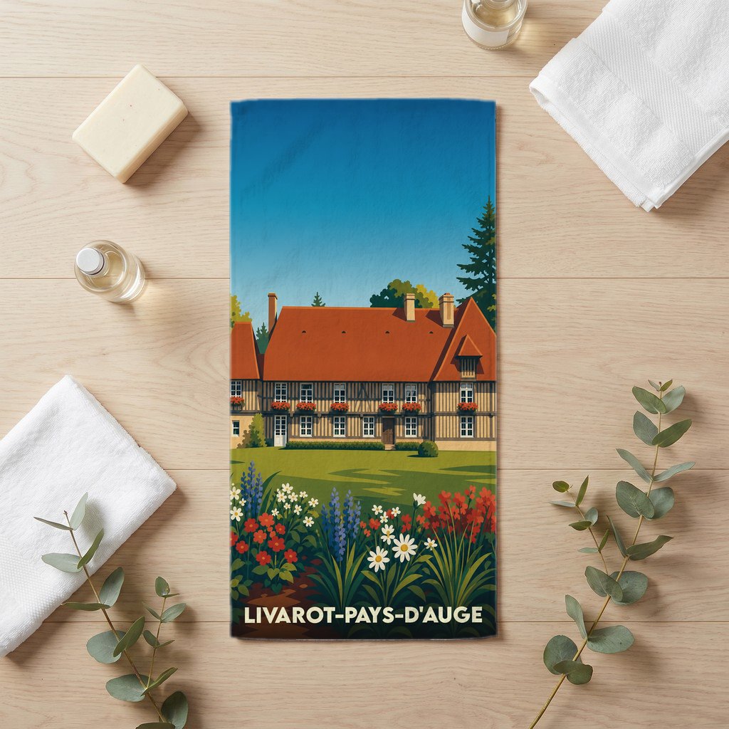Serviette de bain souvenir de la ville de Livarot-Pays-d'Auge illustrée d'un manoir normand et de fleurs colorées.