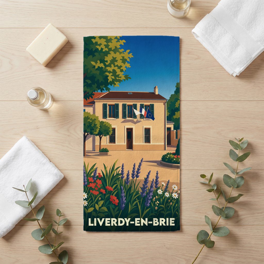Serviette de bain souvenir de la ville de Liverdy-en-Brie avec une illustration stylisée.