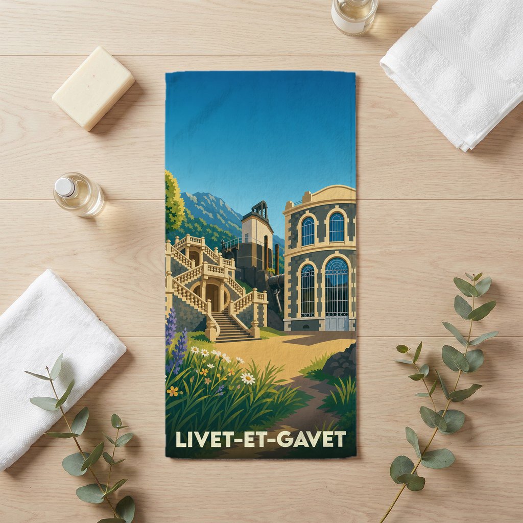 Serviette de bain souvenir de la ville de Livet-et-Gavet avec une illustration stylisée de son patrimoine architectural et industriel.